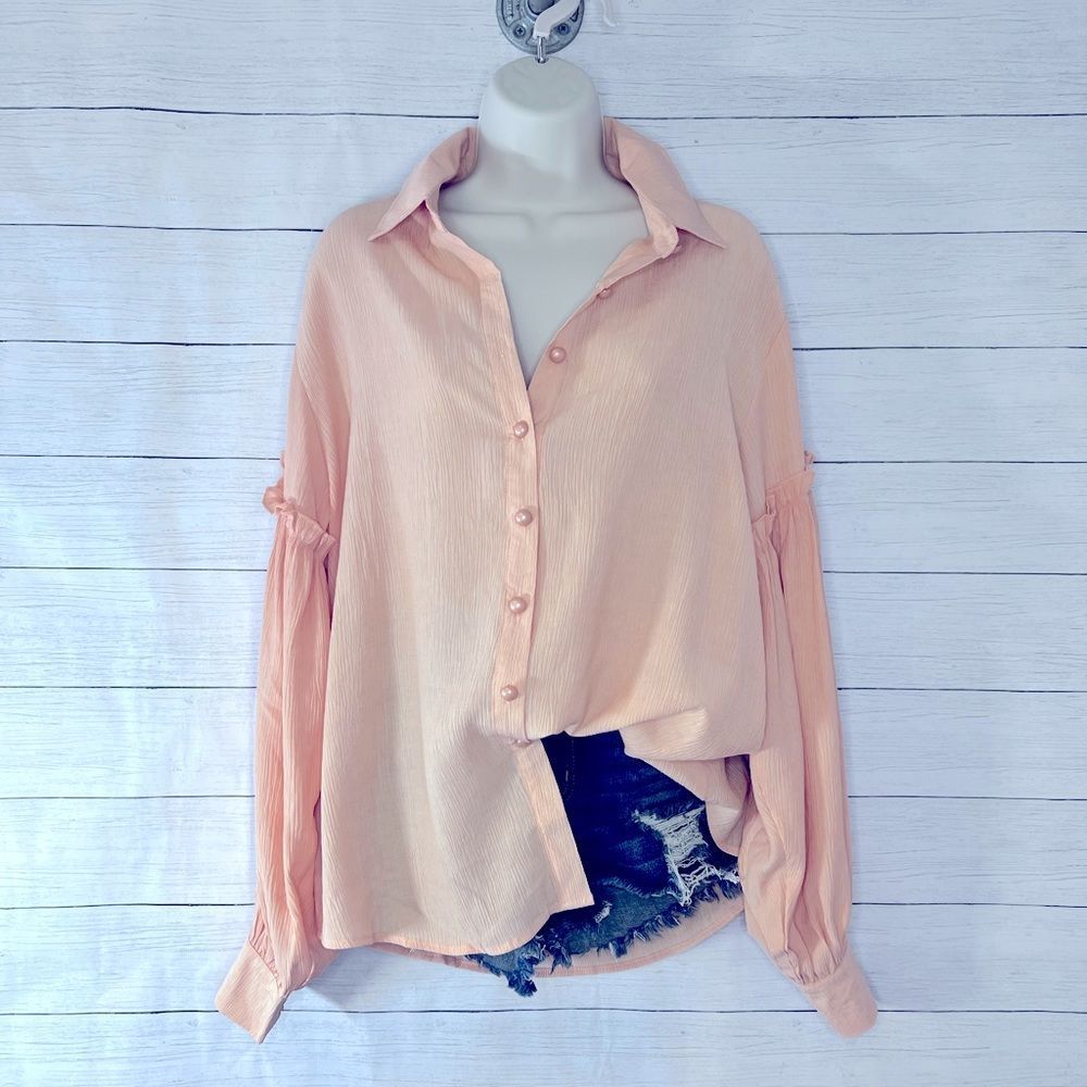 Orange Ruffled Patchwork Bubble Sleeve Oversized Button Down Collared Shirt 💗